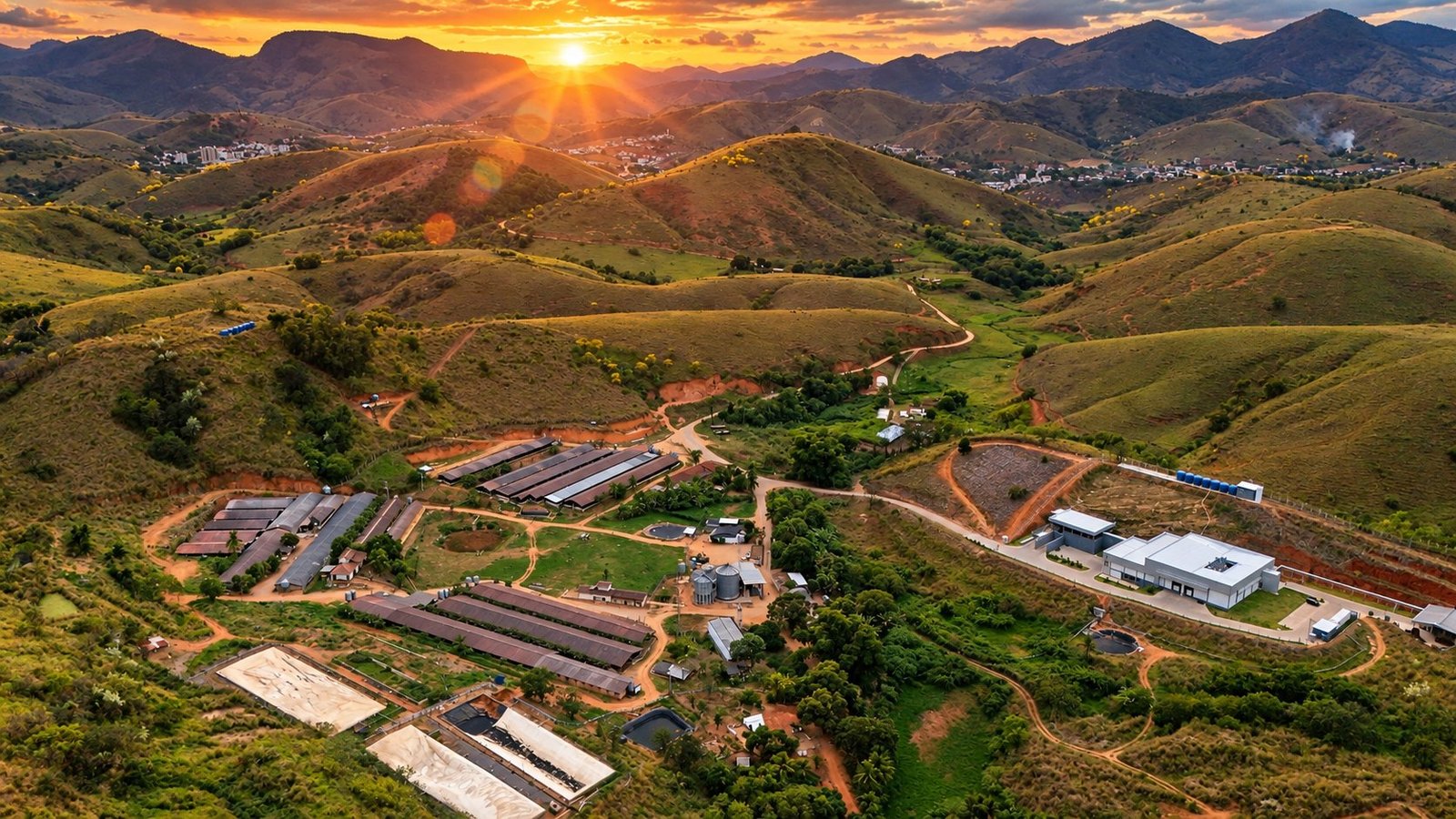 Vista aérea da Fazenda Memória e das granjas do Grupo ARO entre as montanhas da Zona da Mata mineira ao pôr do sol