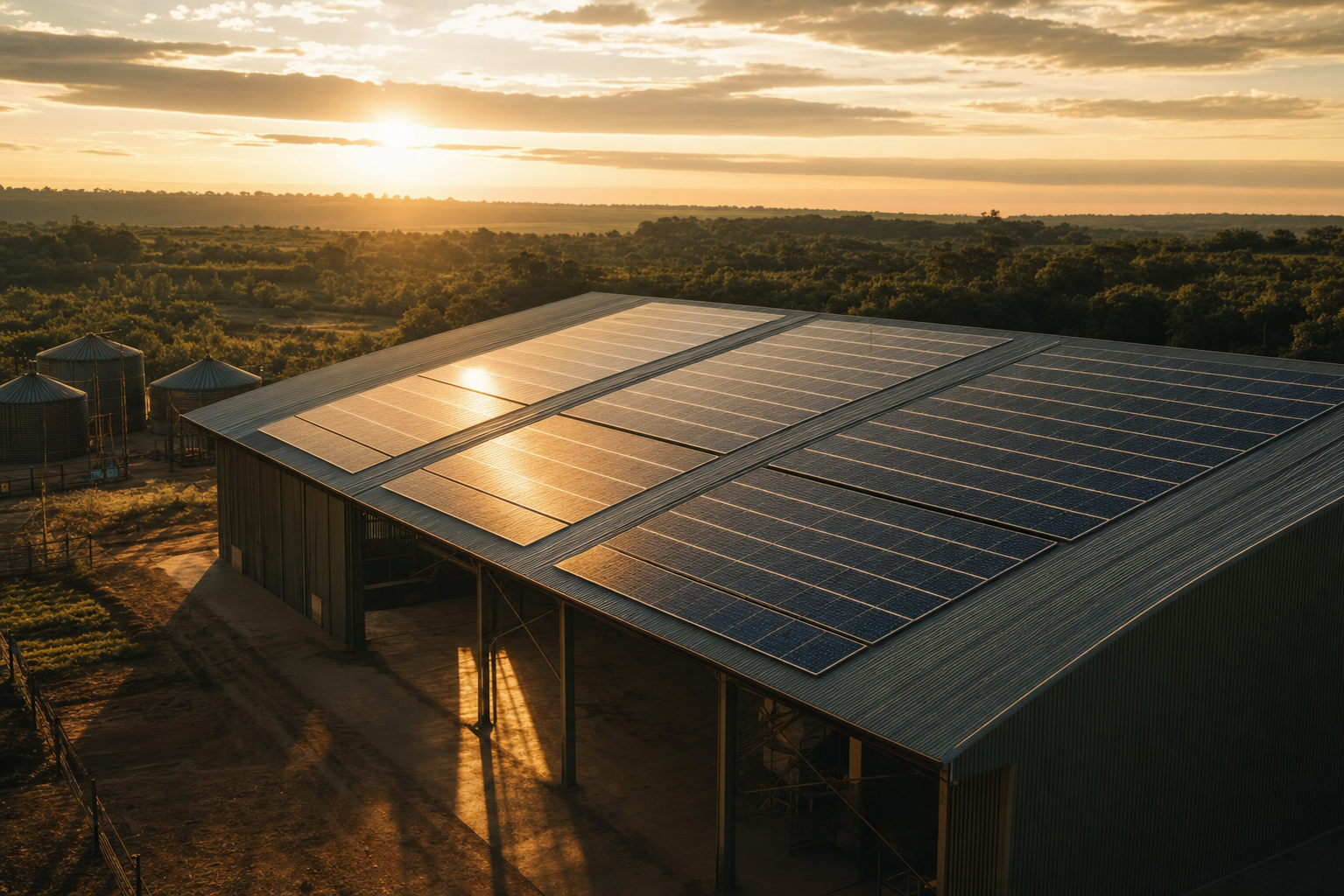 Painéis solares em telhado industrial do Grupo ARO
