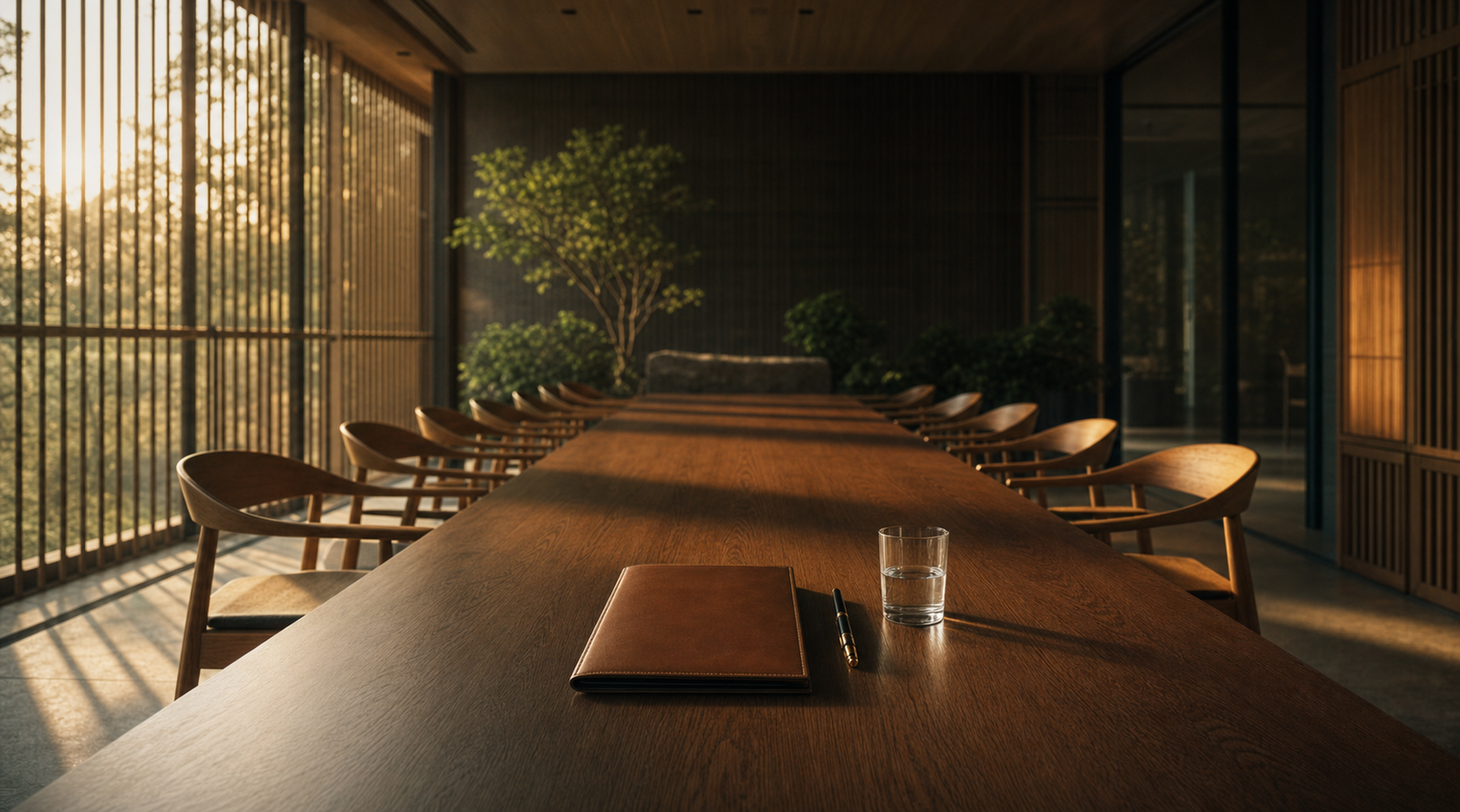Sala de reuniões ao amanhecer com pasta institucional sobre mesa de madeira — ambiente de governança e integridade