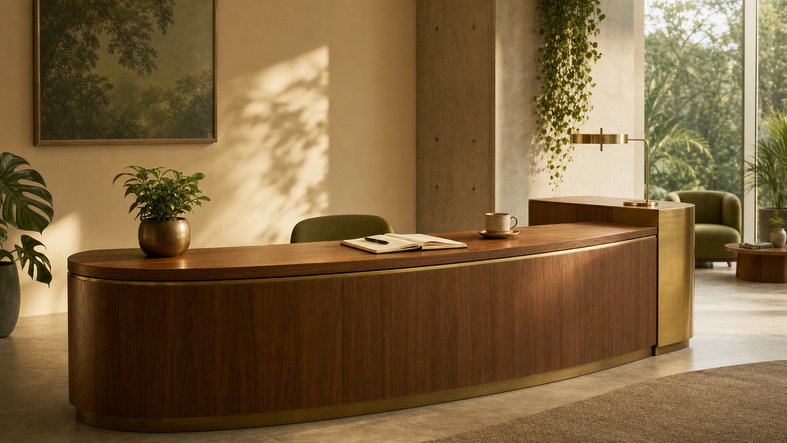Mesa de trabalho com bloco de anotações, caneta e xícara de café em ambiente corporativo iluminado por luz natural