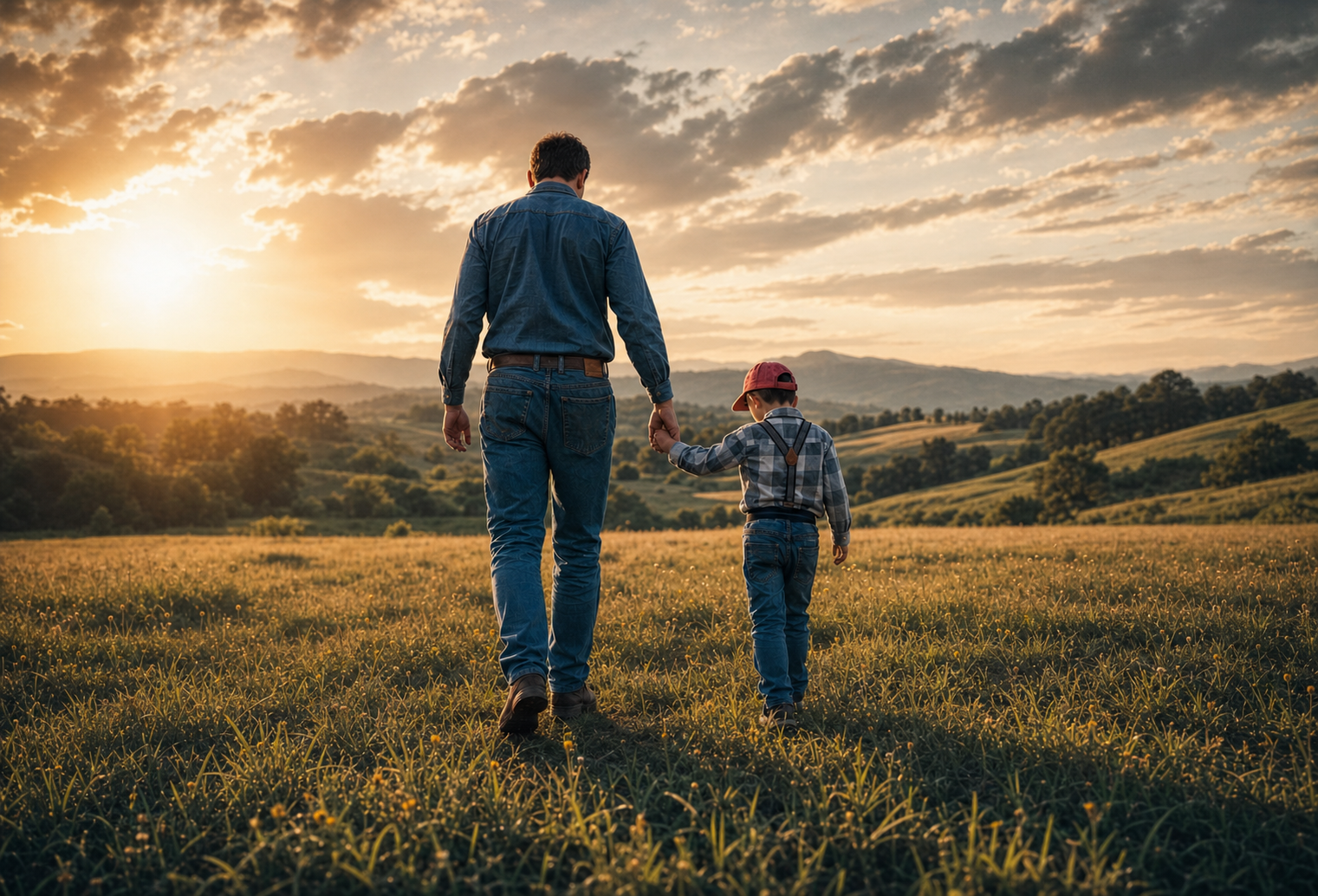 Pai e filho de mãos dadas caminhando em campo aberto ao entardecer