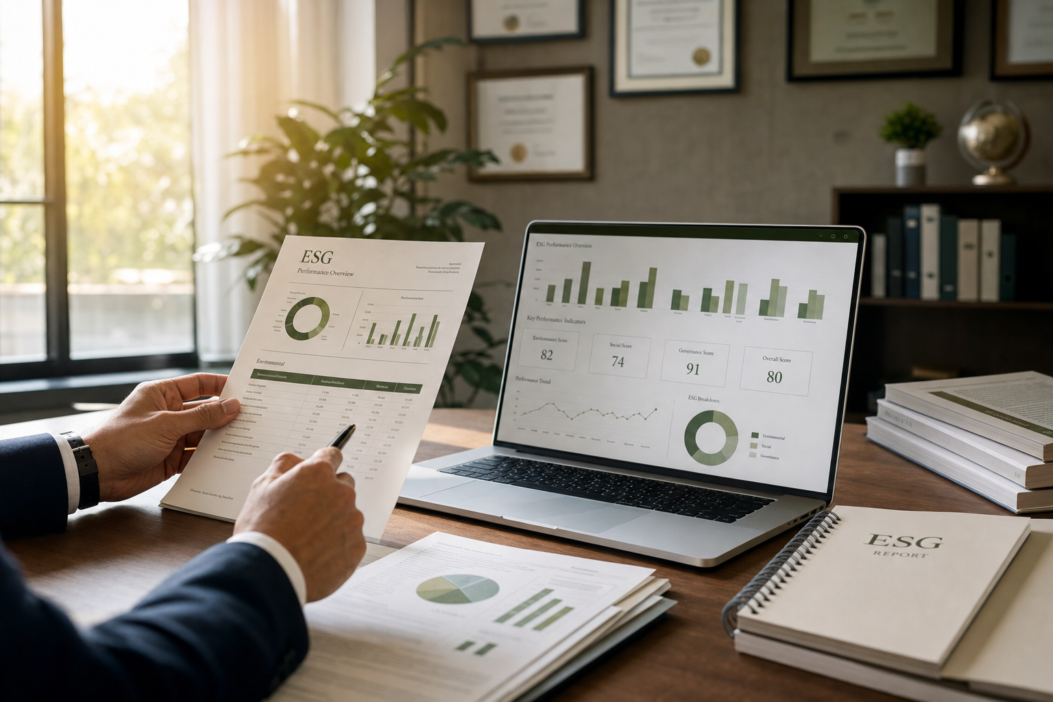 Análise de relatórios ESG sobre mesa com gráficos impressos e laptop com dashboard de indicadores