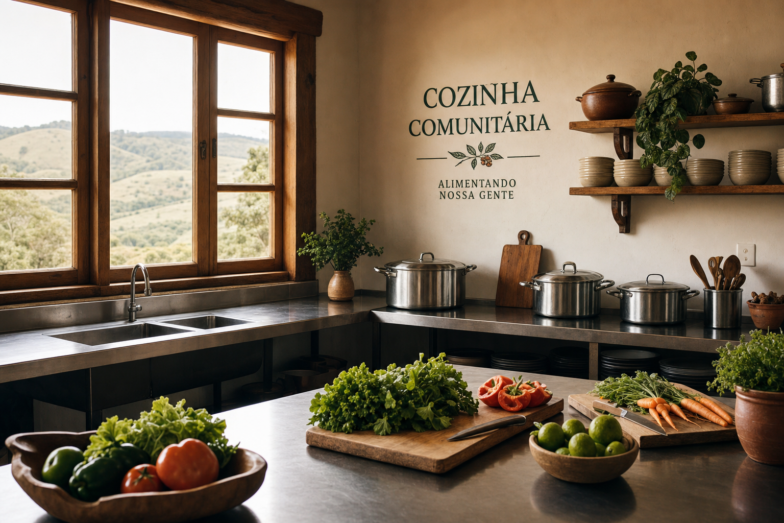 Vista interna de cozinha comunitária com bancada de aço inox, panelas grandes, ingredientes frescos e janela com vista para morros de Minas Gerais