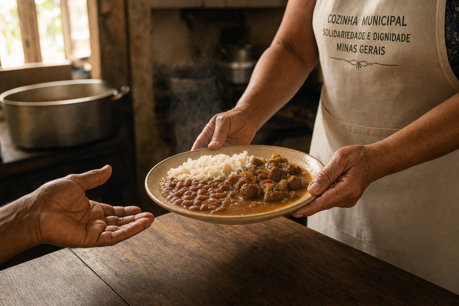 Mãos servindo prato de comida quente em cozinha comunitária de Minas Gerais, com avental marcado Cozinha Municipal — Solidariedade e Dignidade